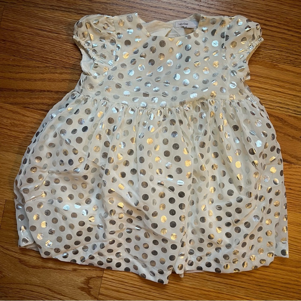 Baby Gap white with silver metallic polka dots dress size 18-24 months